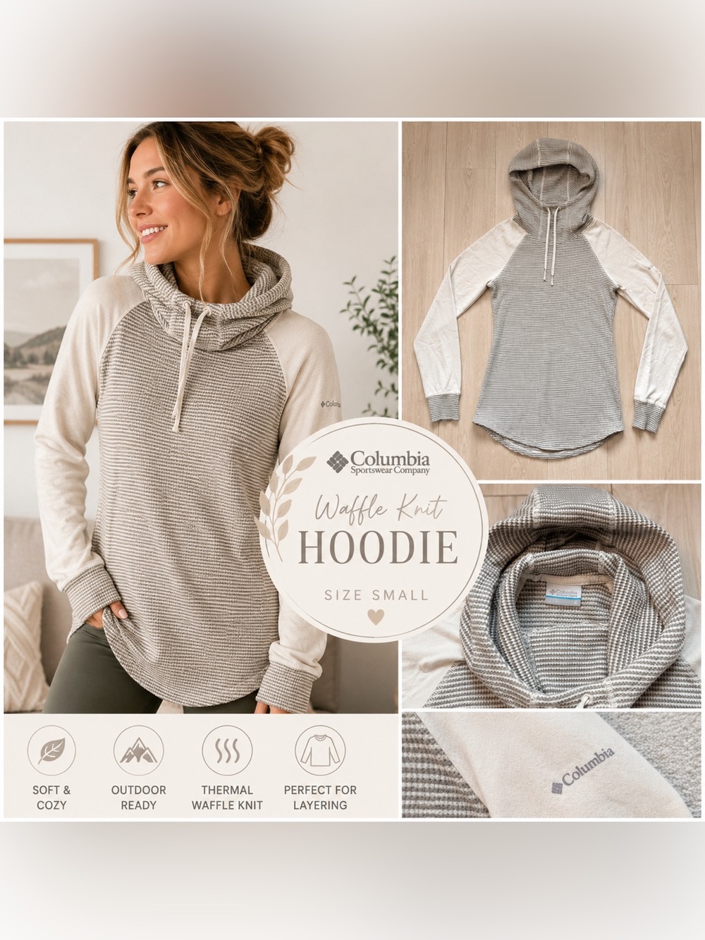 Columbia Women’s Waffle Knit Hoodie Small Oatmeal Cream Thermal Cowl Neck - Picture 1 of 10
